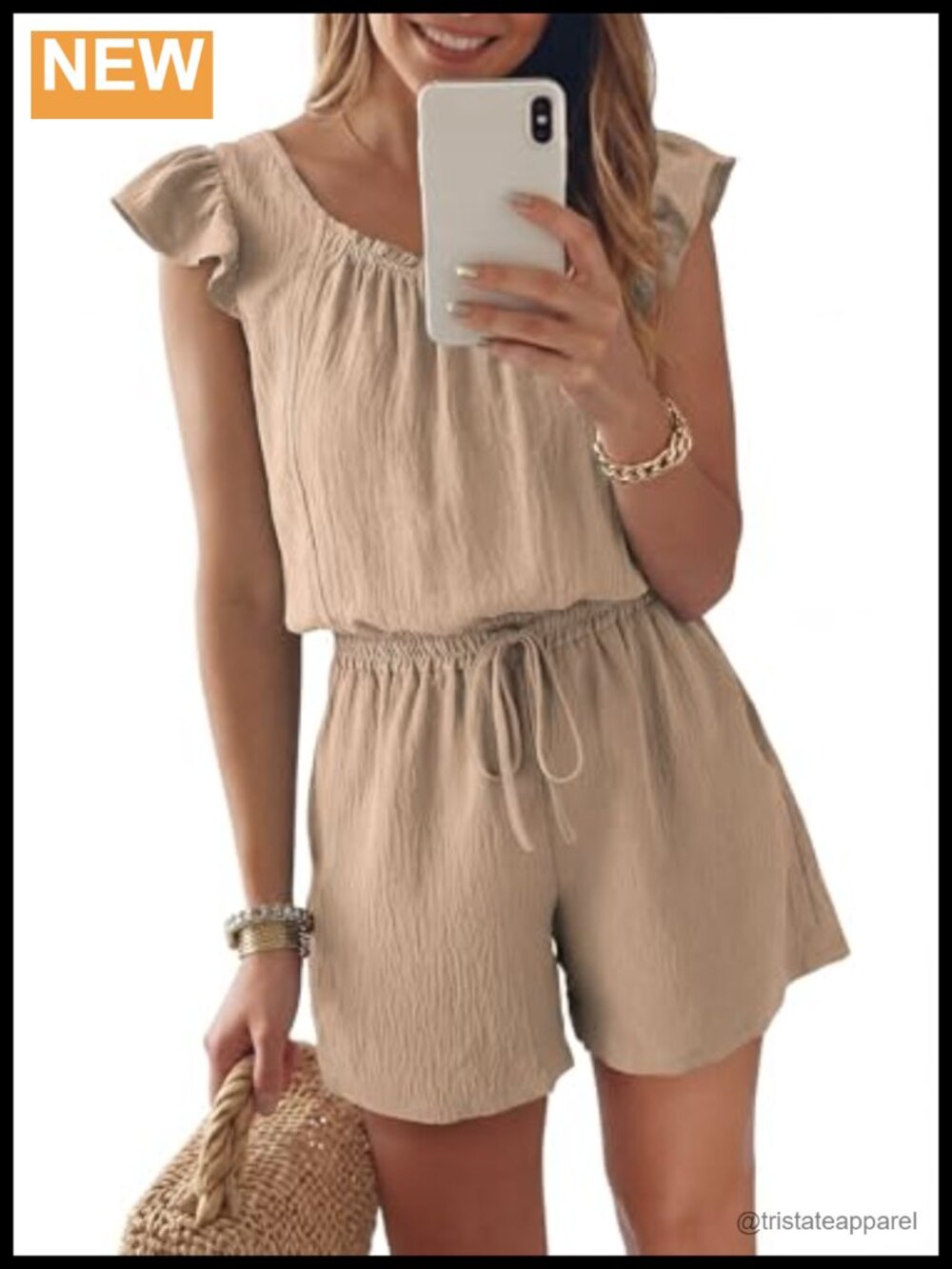 Ruffle Sleeve Smocked Waist Jumpsuit with Pockets 100% Polyester
